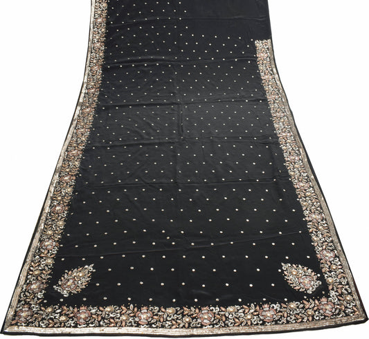Sushila Vintage Sequins Embellish Black Saree Pure Crepe Silk Floral Sari Fabric