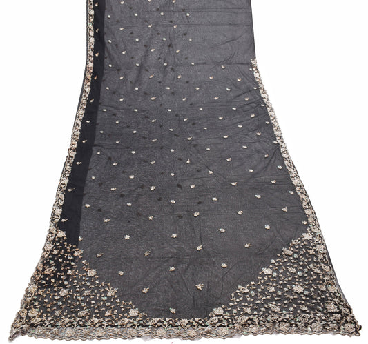 Sushila Vintage Black Net Mesh Saree Hand Beaded Zardozi Work Classy Sari Fabric