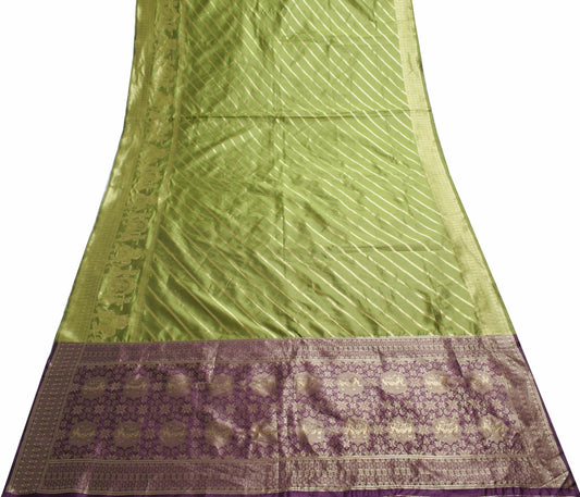 Sushila Vintage Green Silk Saree Stripes Woven Sari with Purple Blouse Fabric