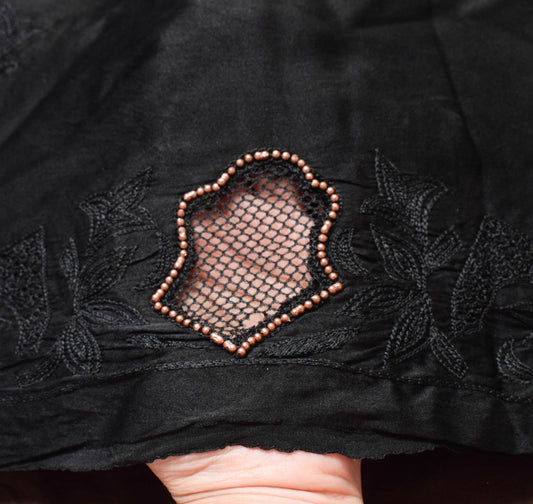 Sushila Vintage Black Pure Satin Silk Saree Floral Embroidered Soft Sari Fabric