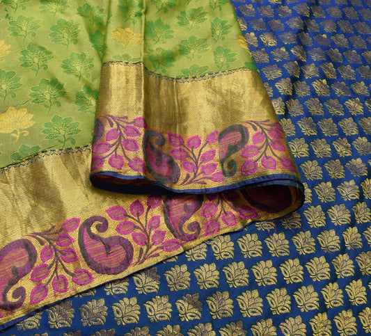 Sushila Vintage Green Dual Tone Silk Saree Floral Woven Wedding Sari Soft Fabric