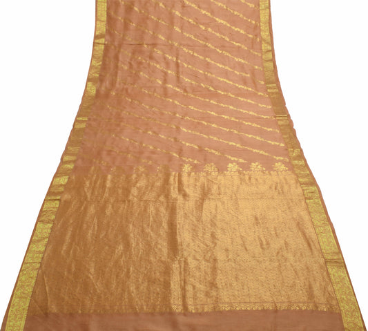 Sushila Vintage 100% Pure Silk Brown Saree Zari Brocade Floral Sari Craft Fabric