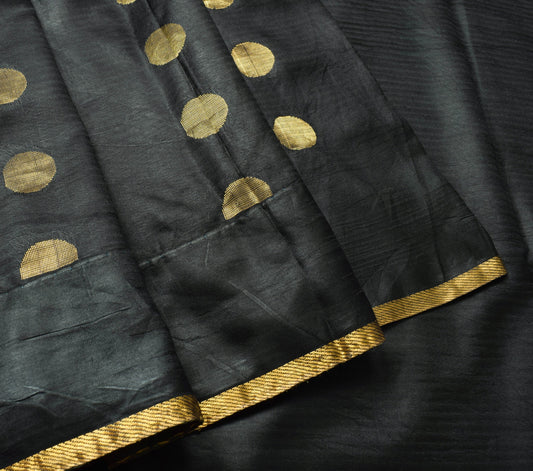 Sushila Vintage Black 100% Pure Silk Saree Polka Dot Zari Woven Soft Sari Fabric