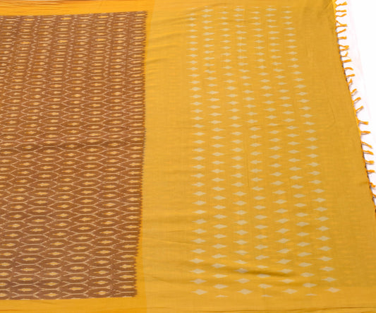 Sushila Vintage Brown Cotton Saree Hand Woven Ikat Patola Soft Sari Craft Fabric