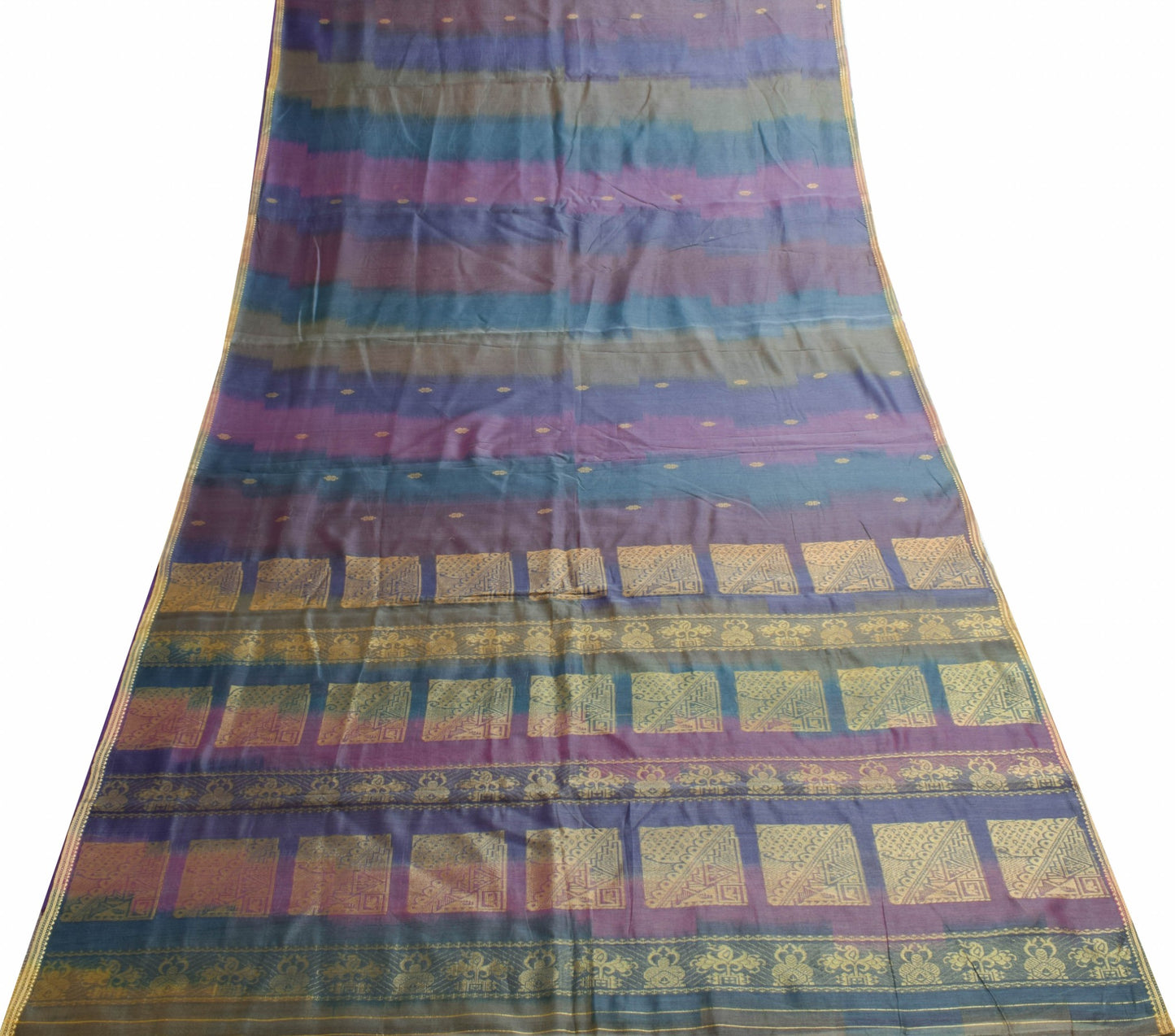 Sushila Vintage Multi-Color Woven Saree 100%Pure Cotton Floral Sari Craft Fabric