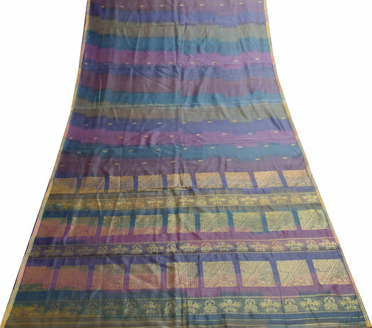 Sushila Vintage Multi-Color Woven Saree 100%Pure Cotton Floral Sari Craft Fabric