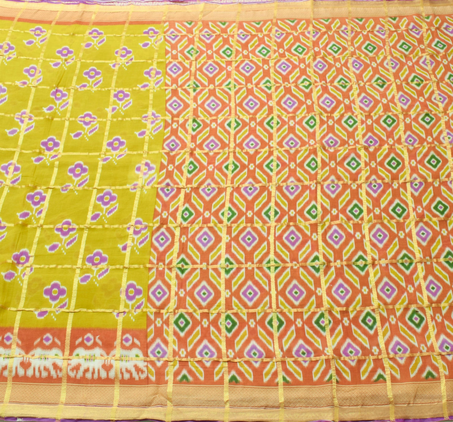 Sushila Vintage Elephant Floral Ikat Design Green Pure Cotton Saree Craft Fabric