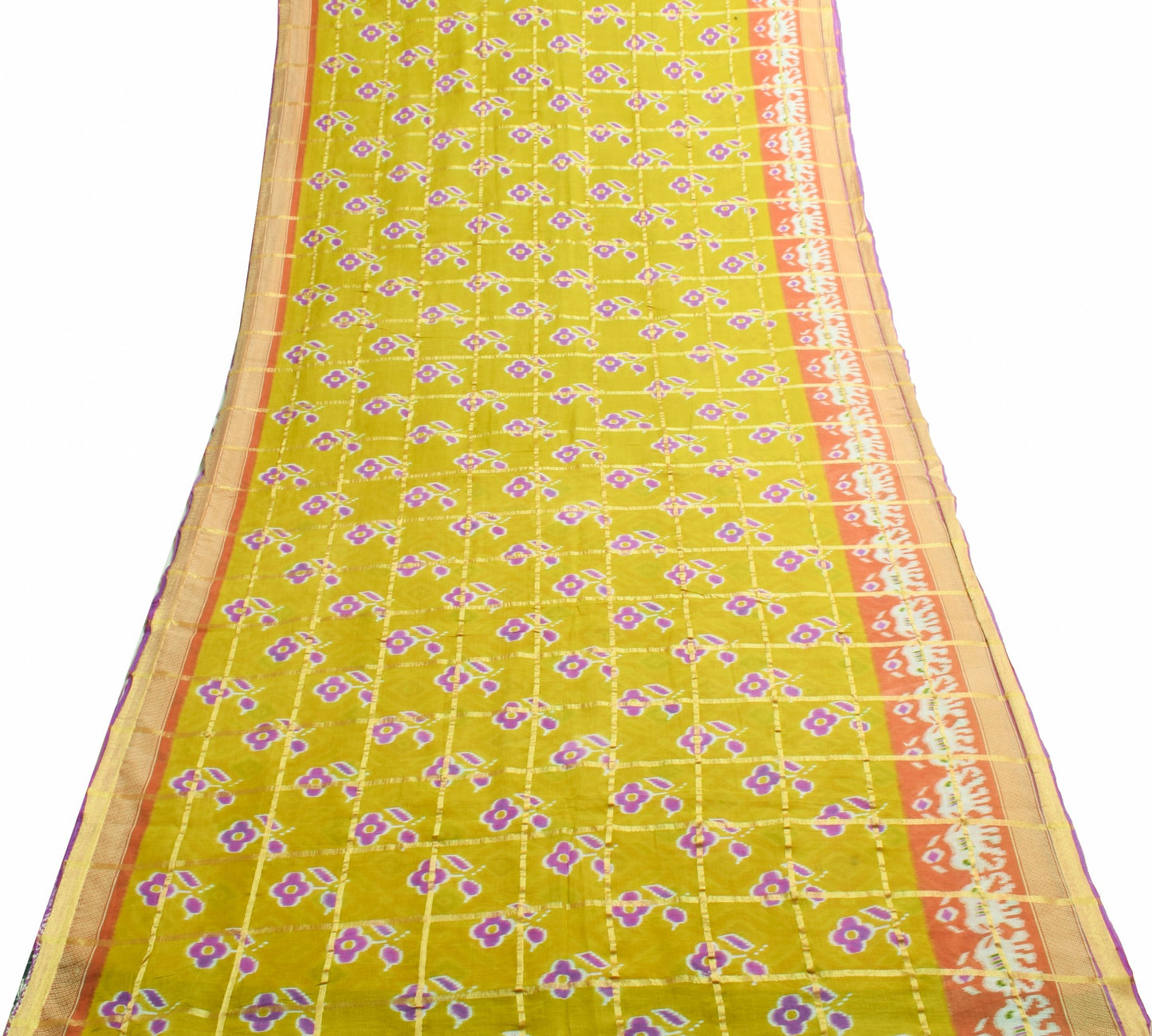 Sushila Vintage Elephant Floral Ikat Design Green Pure Cotton Saree Craft Fabric