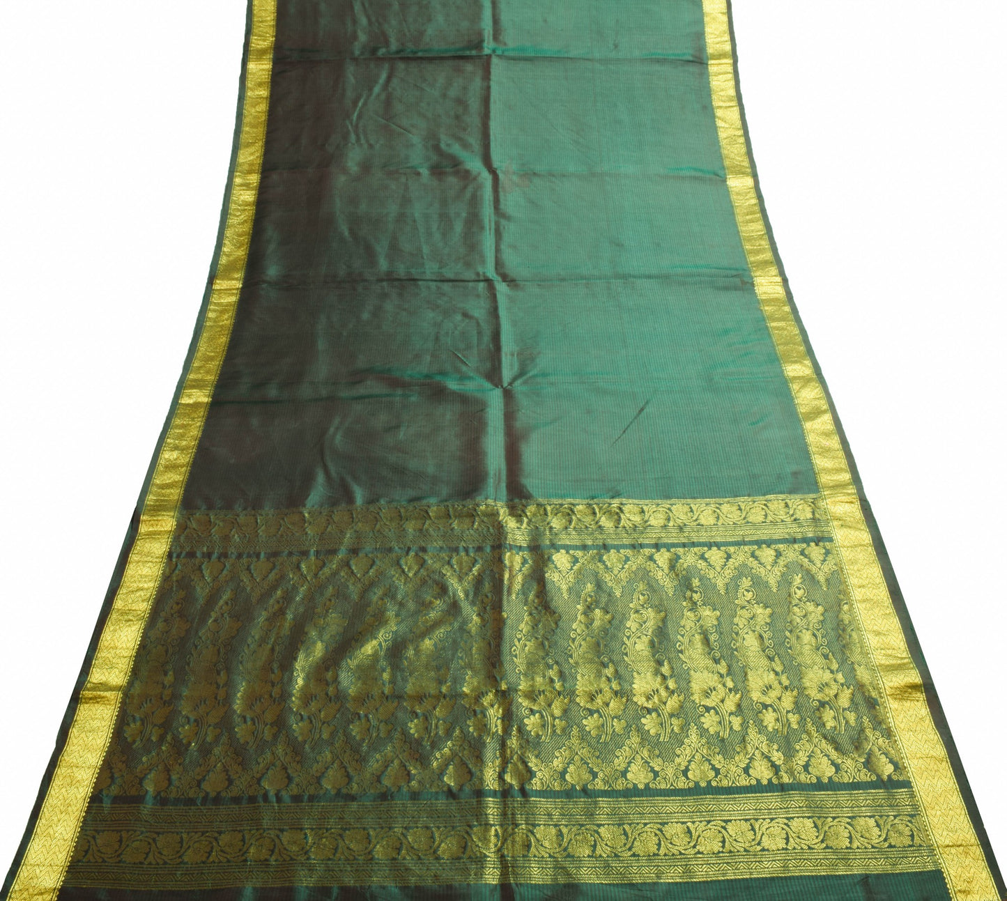 Sushila Vintage Dark Green Dual Tone Saree Pure Silk Zari Brocade Sari Fabric