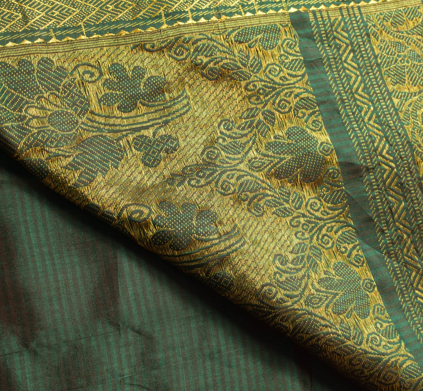 Sushila Vintage Dark Green Dual Tone Saree Pure Silk Zari Brocade Sari Fabric