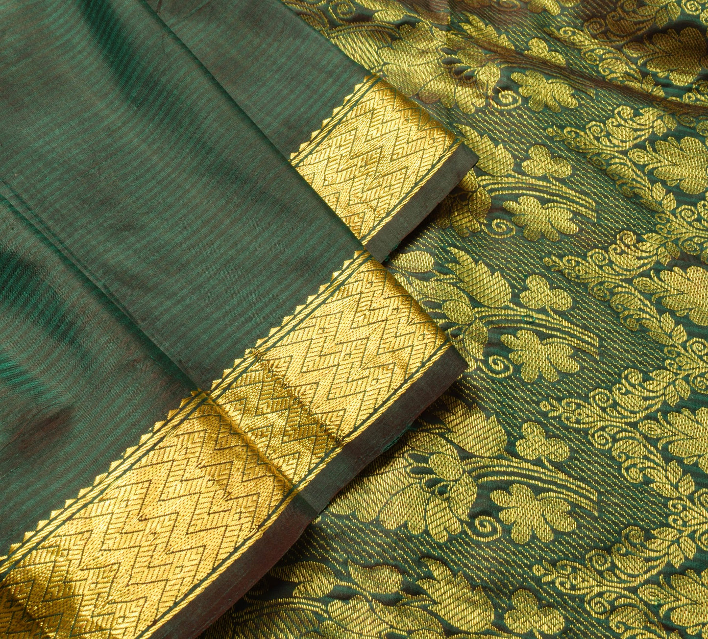 Sushila Vintage Dark Green Dual Tone Saree Pure Silk Zari Brocade Sari Fabric