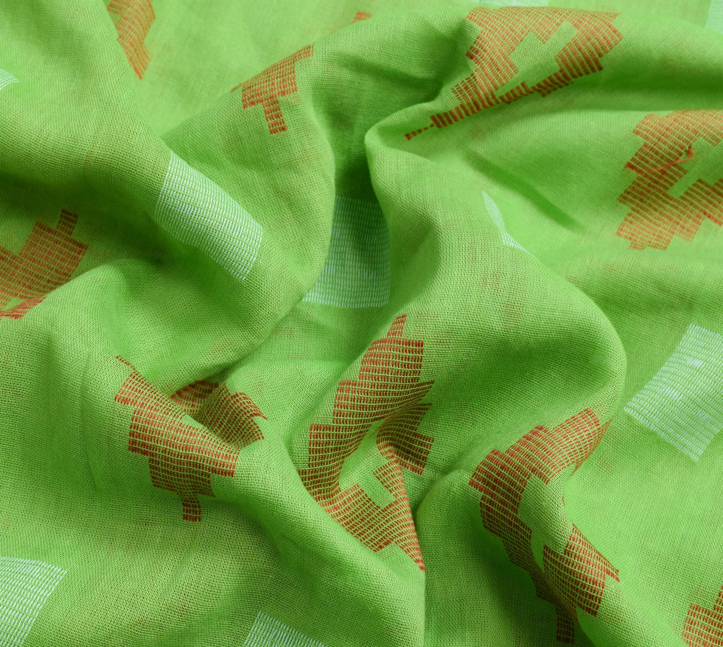 Sushila Vintage Green 100% Pure Cotton Saree Geometrical Woven Sari Craft Fabric