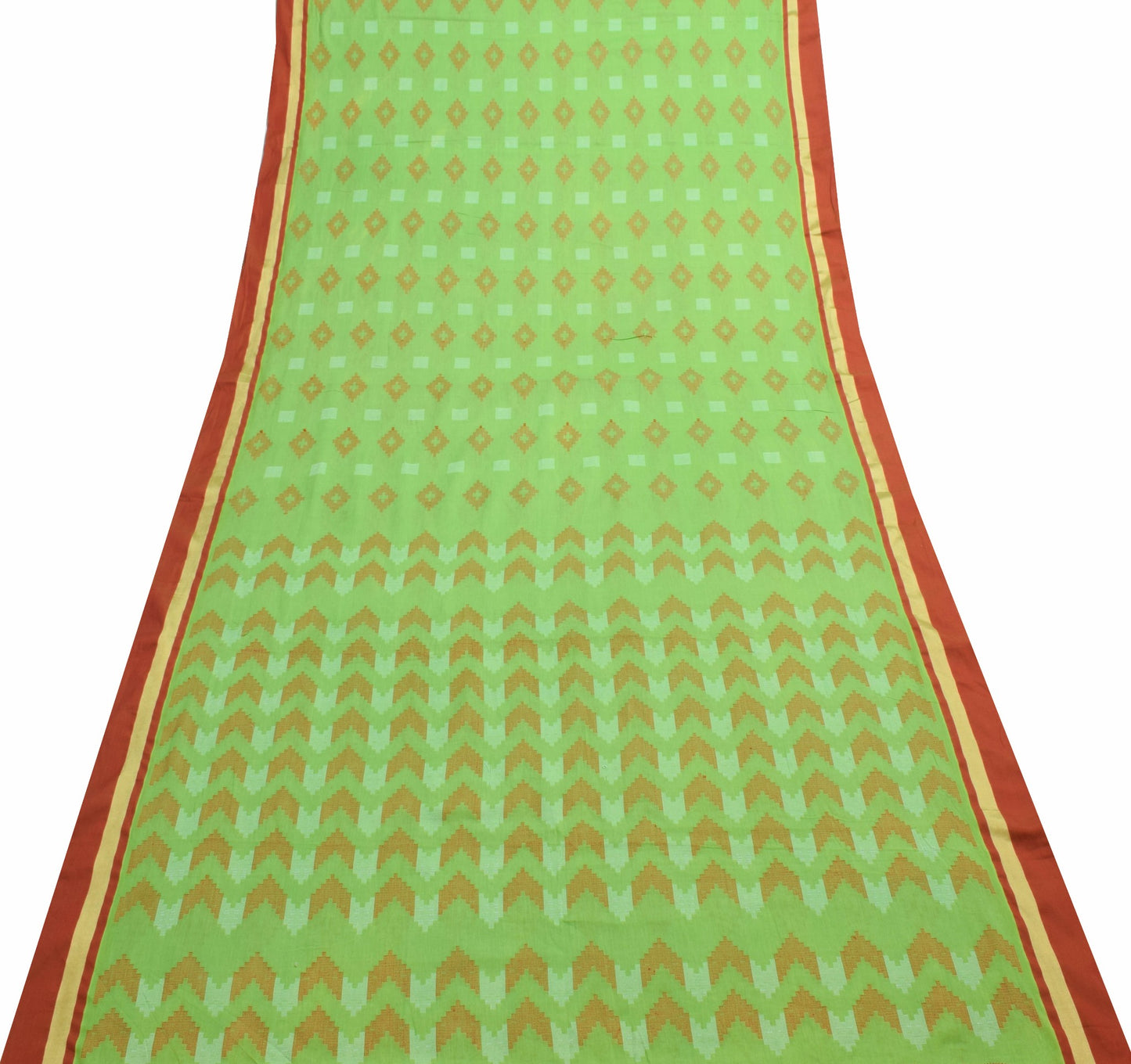 Sushila Vintage Green 100% Pure Cotton Saree Geometrical Woven Sari Craft Fabric