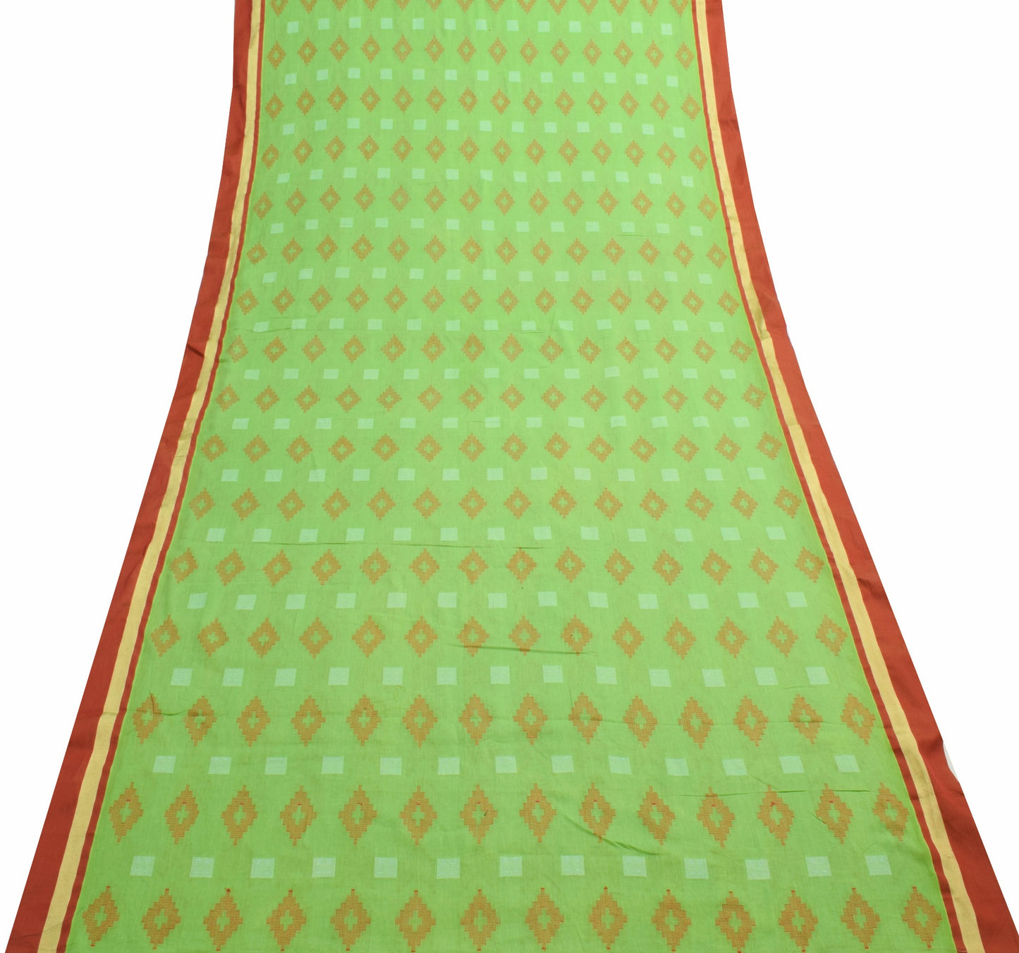 Sushila Vintage Green 100% Pure Cotton Saree Geometrical Woven Sari Craft Fabric