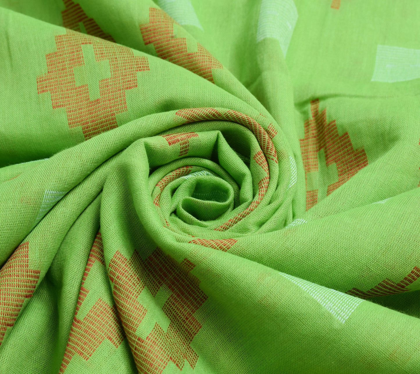 Sushila Vintage Green 100% Pure Cotton Saree Geometrical Woven Sari Craft Fabric