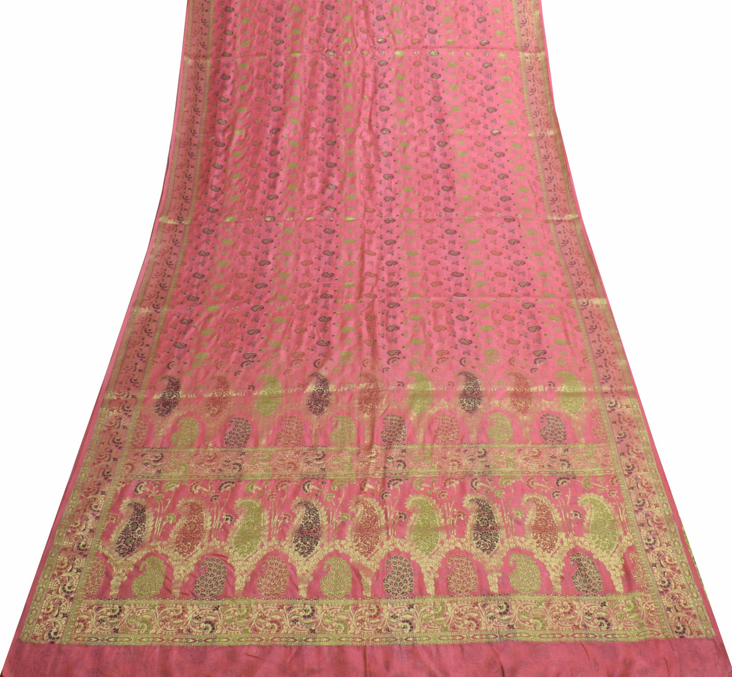 Sushila Vintage Pink 100% Pure Silk Saree Paisley woven Soft Indian Sari Fabric