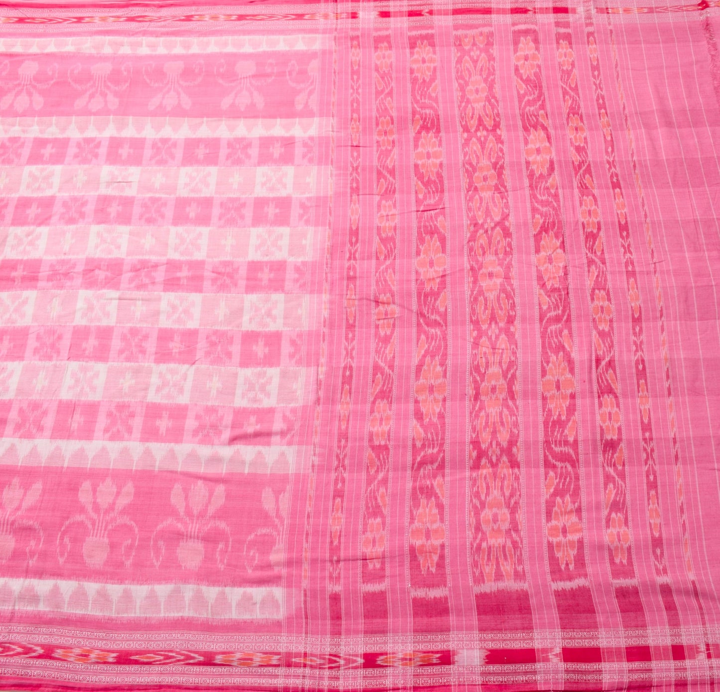 Sushila Vintage Saree Pure Cotton Pink Hand Woven Ikat Patola Sari Craft Fabric