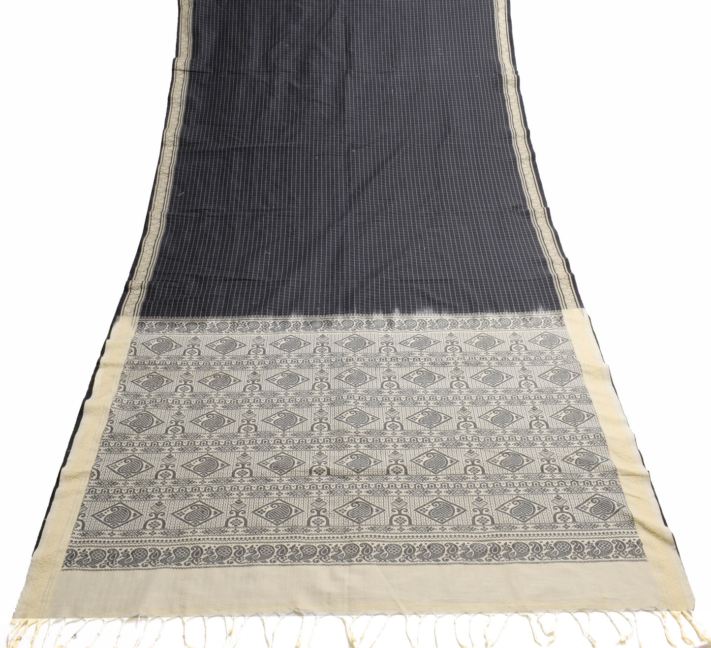 Sushila Vintage Black Checks Woven Saree 100% Pure Cotton Indian Sari Fabric