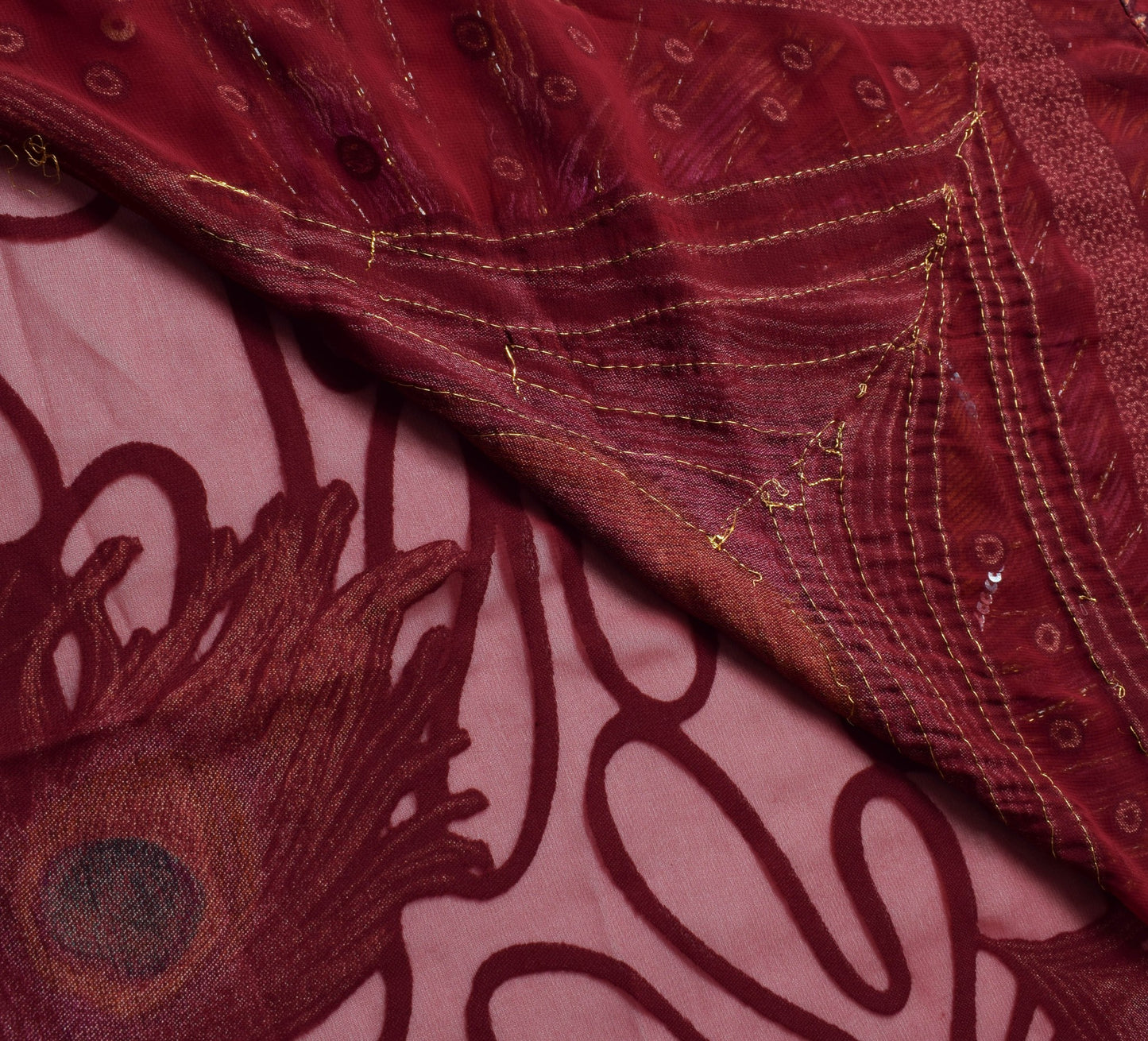 Sushila Vintage Maroon Georgette Silk Saree Morpankh Self Woven Sari Fabric