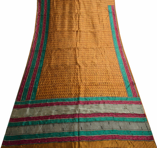 Sushila Vintage Brown Hand Block Printed Saree 100% Pure Silk Soft Sari Fabric