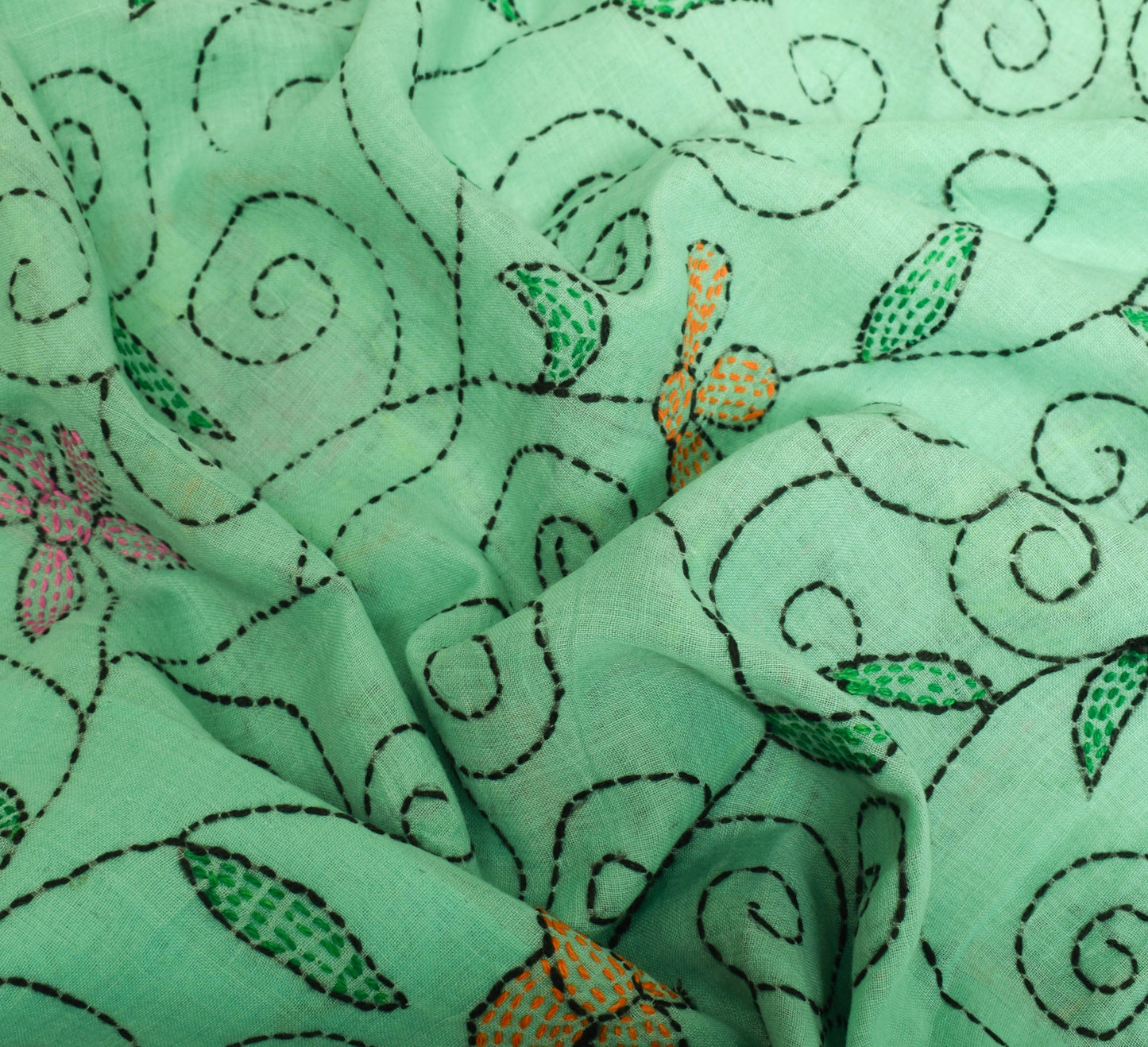 Sushila Vintage Aqua Green Cotton Saree Hand Embroidered Kantha Sari Fabric