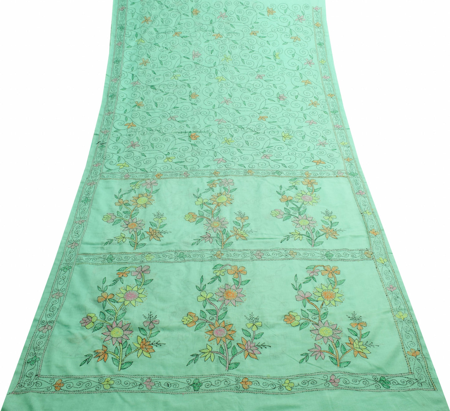 Sushila Vintage Aqua Green Cotton Saree Hand Embroidered Kantha Sari Fabric