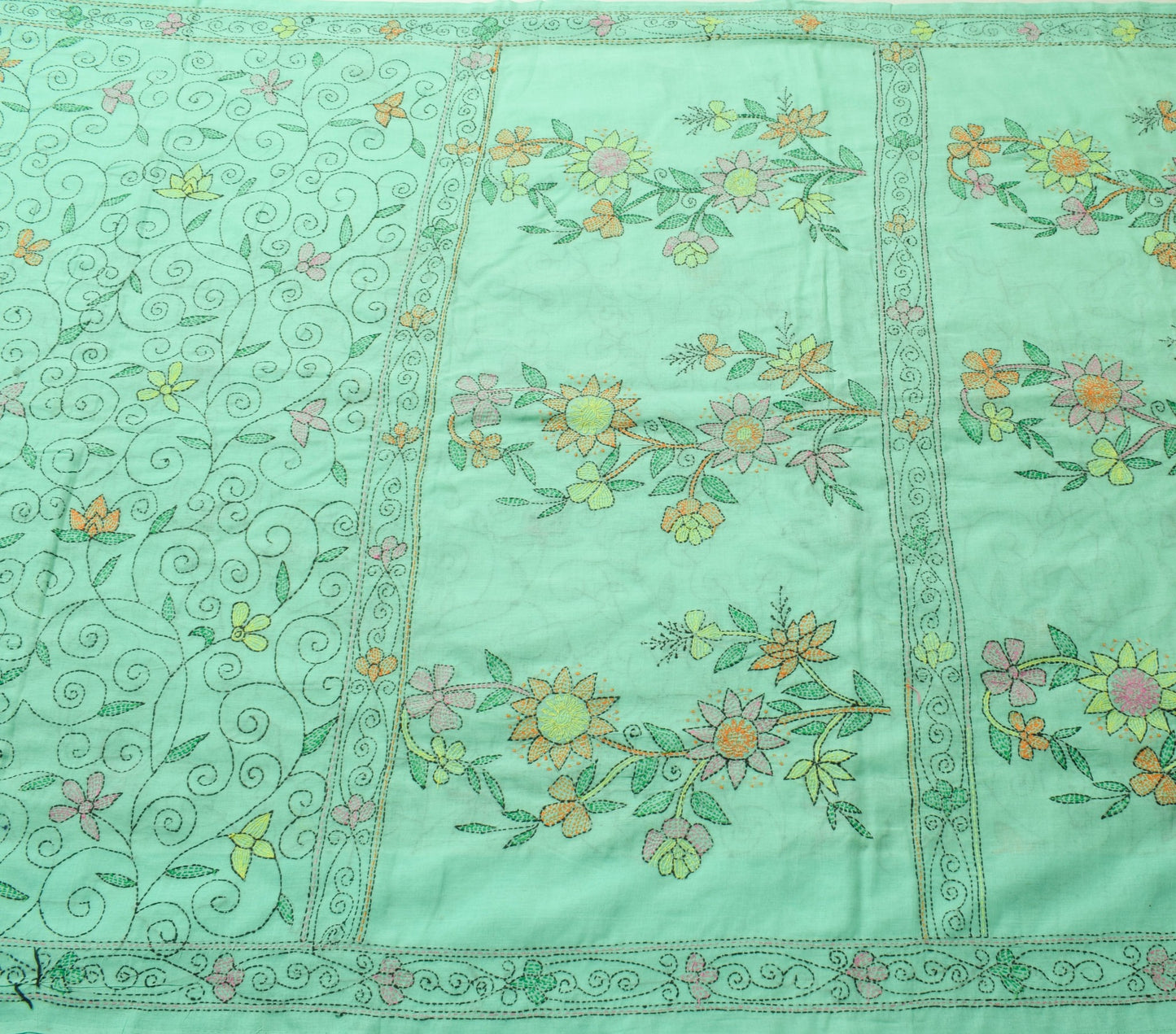 Sushila Vintage Aqua Green Cotton Saree Hand Embroidered Kantha Sari Fabric