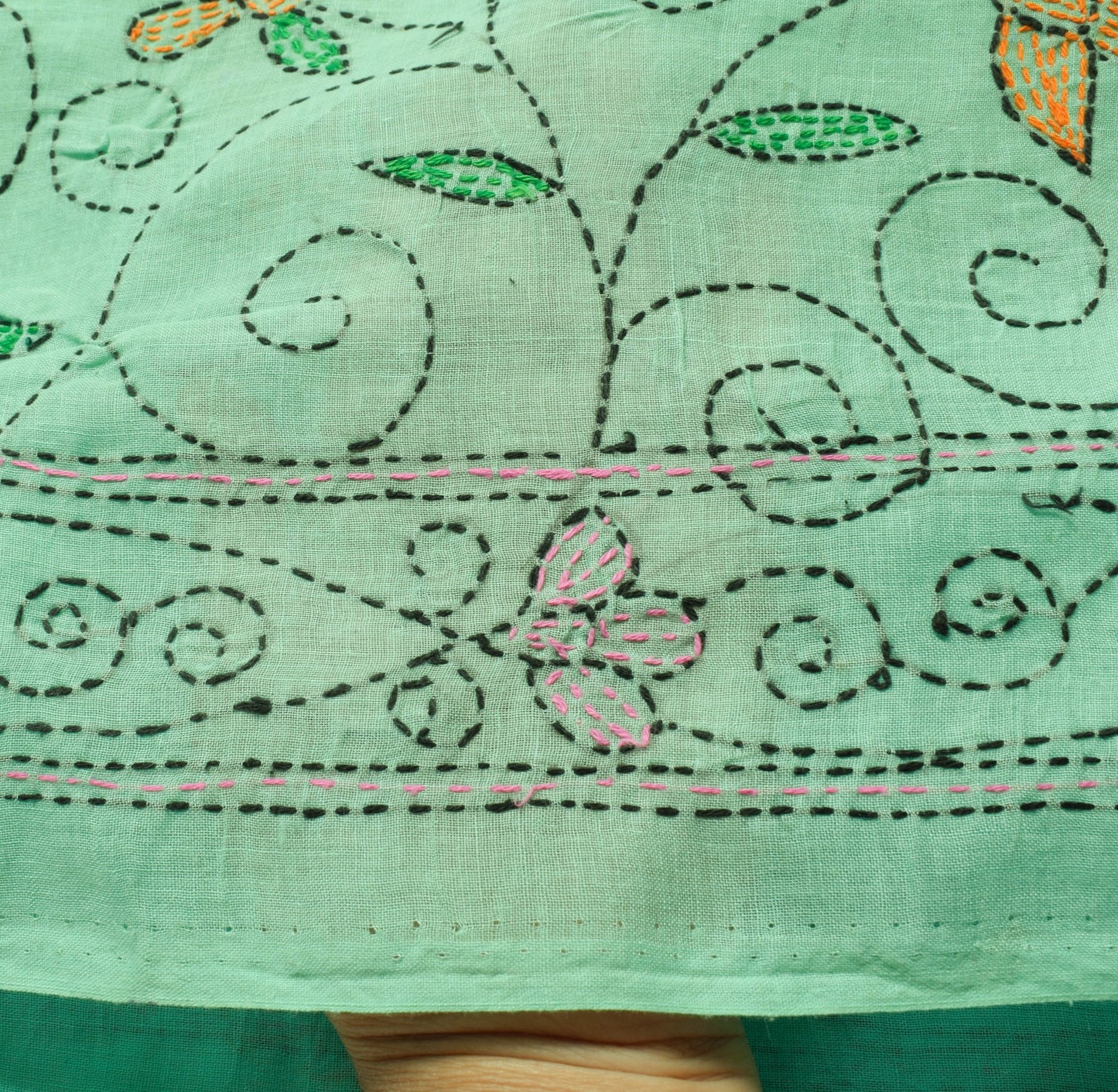 Sushila Vintage Aqua Green Cotton Saree Hand Embroidered Kantha Sari Fabric