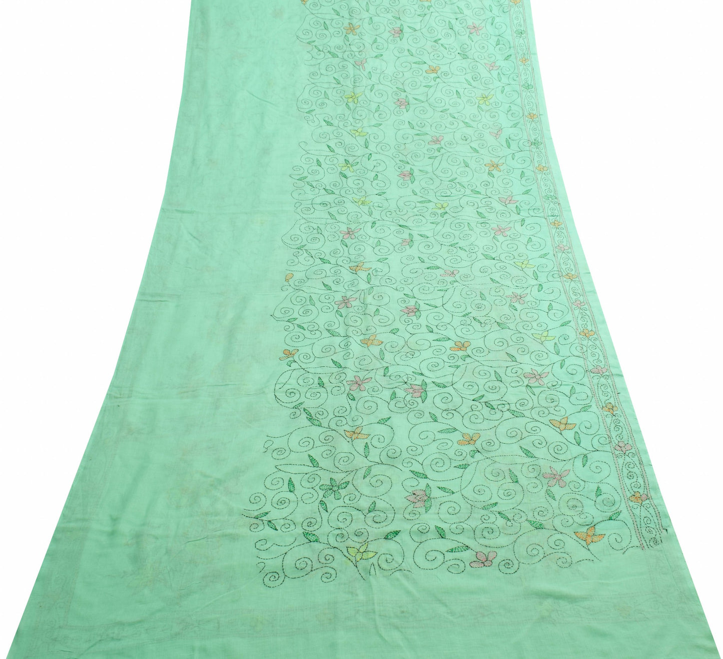 Sushila Vintage Aqua Green Cotton Saree Hand Embroidered Kantha Sari Fabric