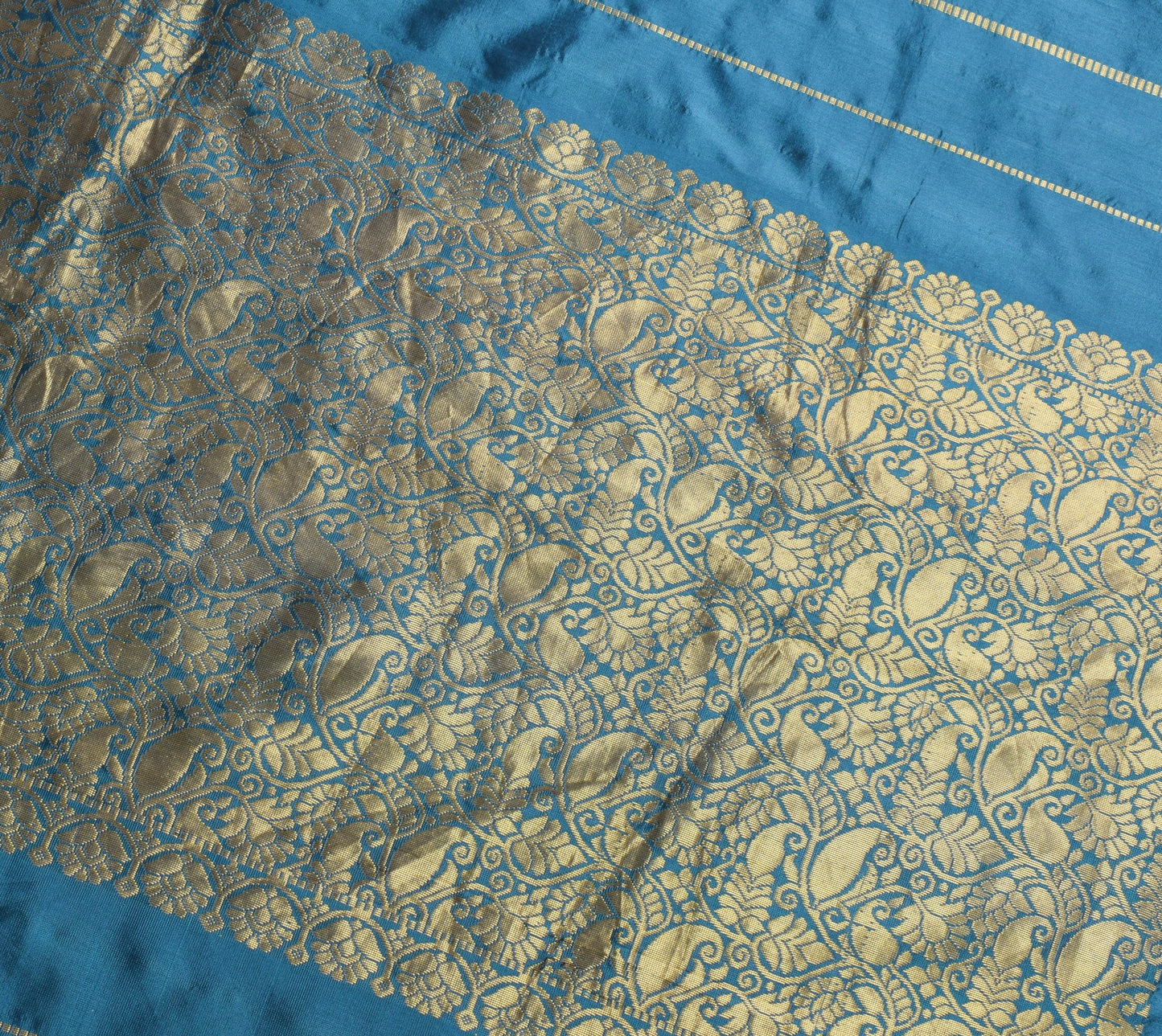 Sushila Vintage Teal Blue Floral Saree 100% Pure Silk Zari Brocade Sari Fabric