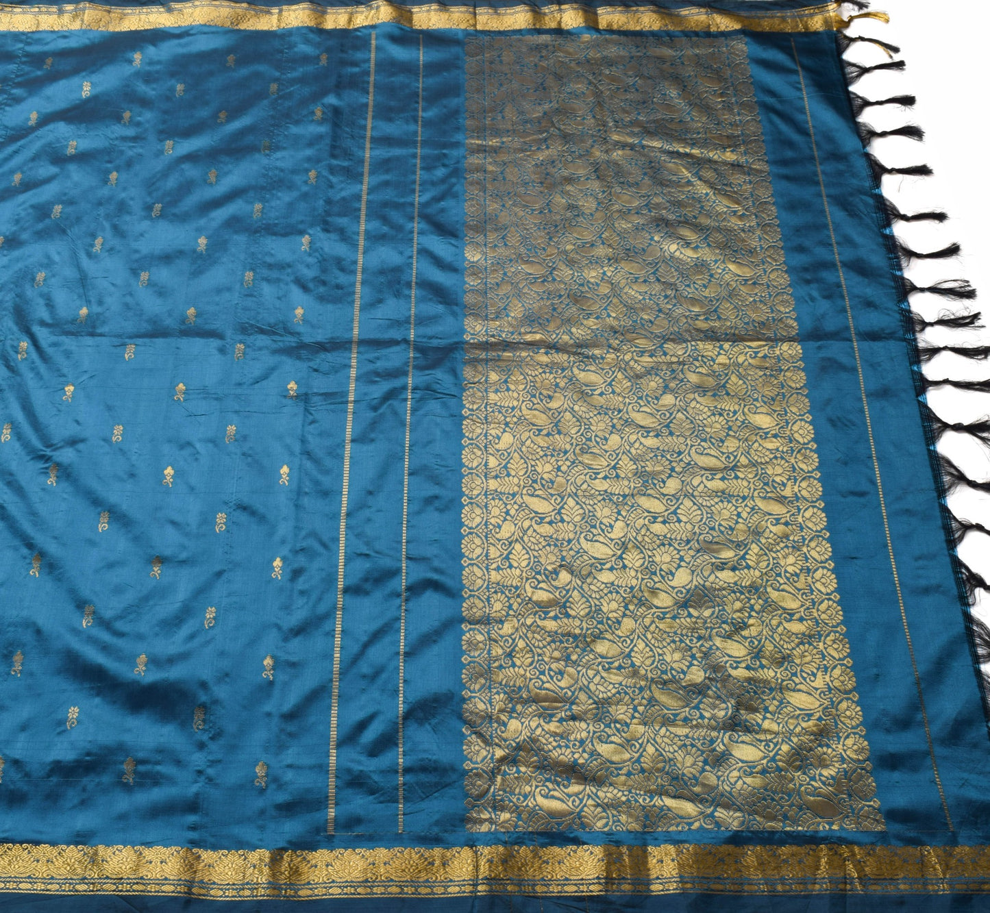 Sushila Vintage Teal Blue Floral Saree 100% Pure Silk Zari Brocade Sari Fabric