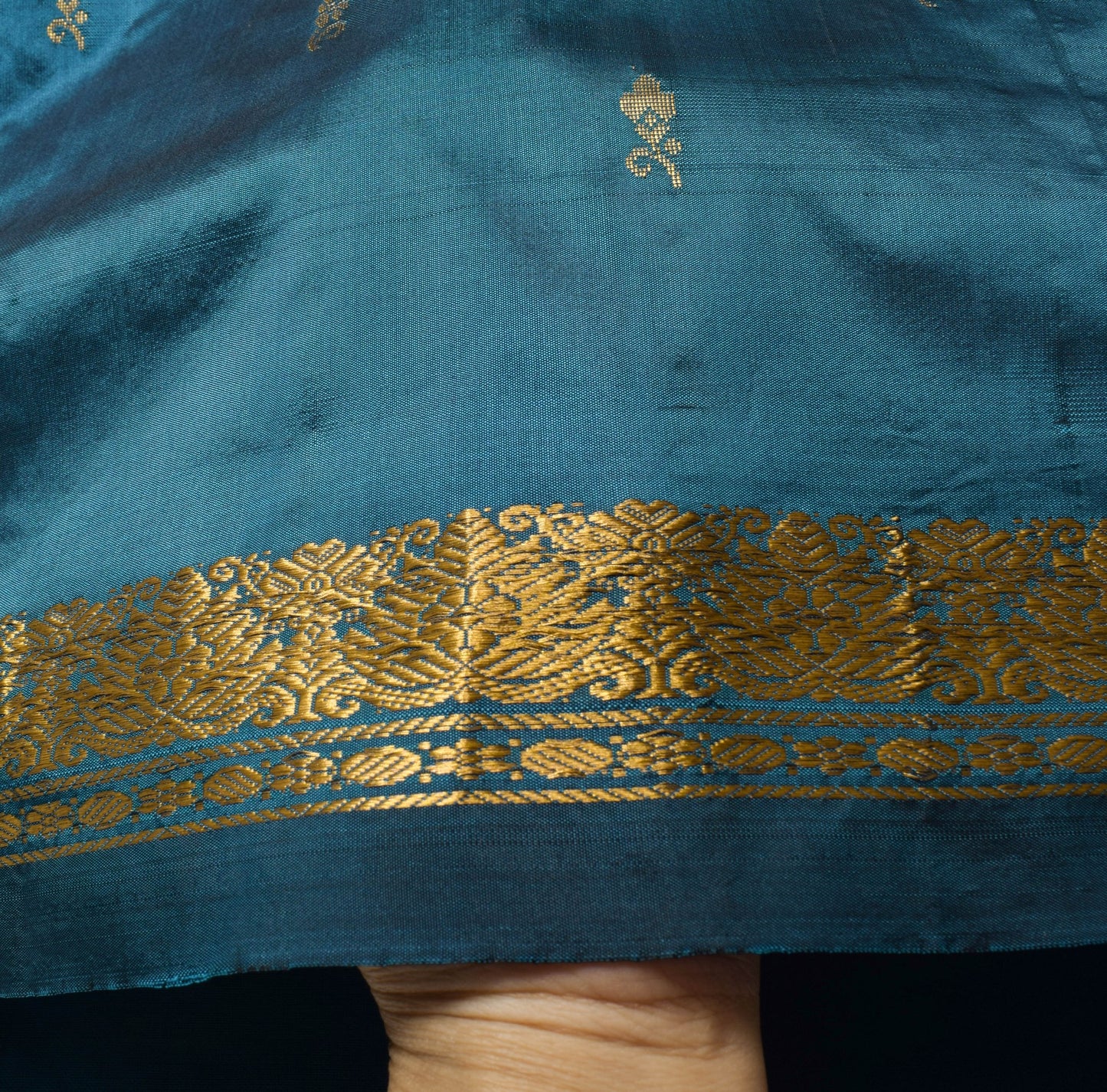 Sushila Vintage Teal Blue Floral Saree 100% Pure Silk Zari Brocade Sari Fabric