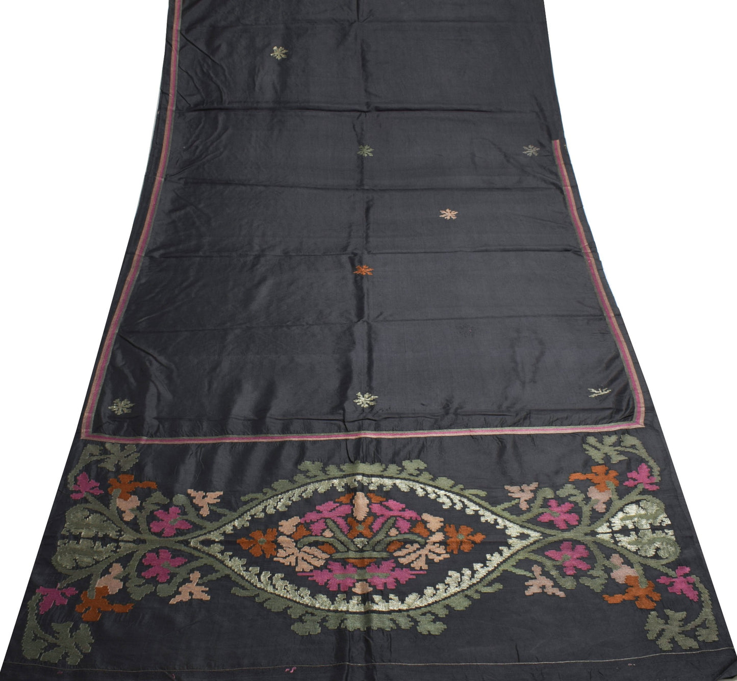 Sushila Vintage Black Embroidered Saree 100% Pure Silk Casual Soft Sari Fabric