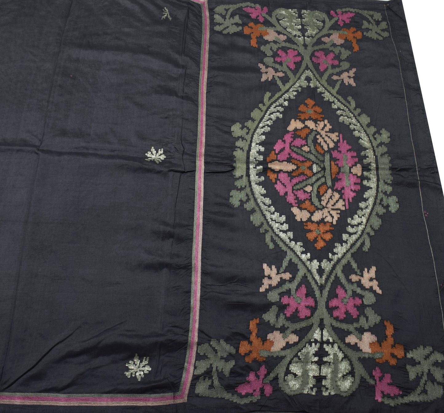 Sushila Vintage Black Embroidered Saree 100% Pure Silk Casual Soft Sari Fabric