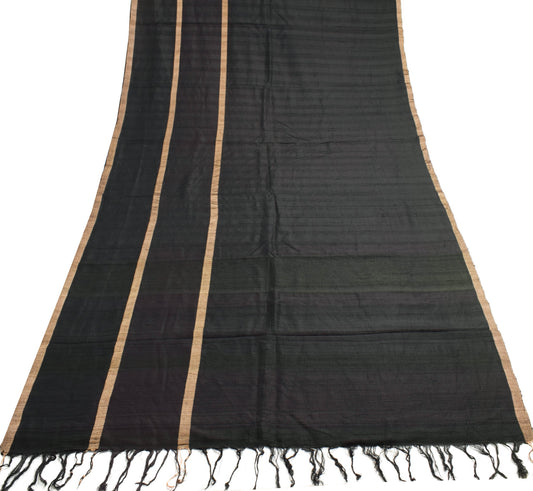 Sushila Vintage Black 100%Pure Khadi Silk Saree Golden Stripes Woven Sari Fabric