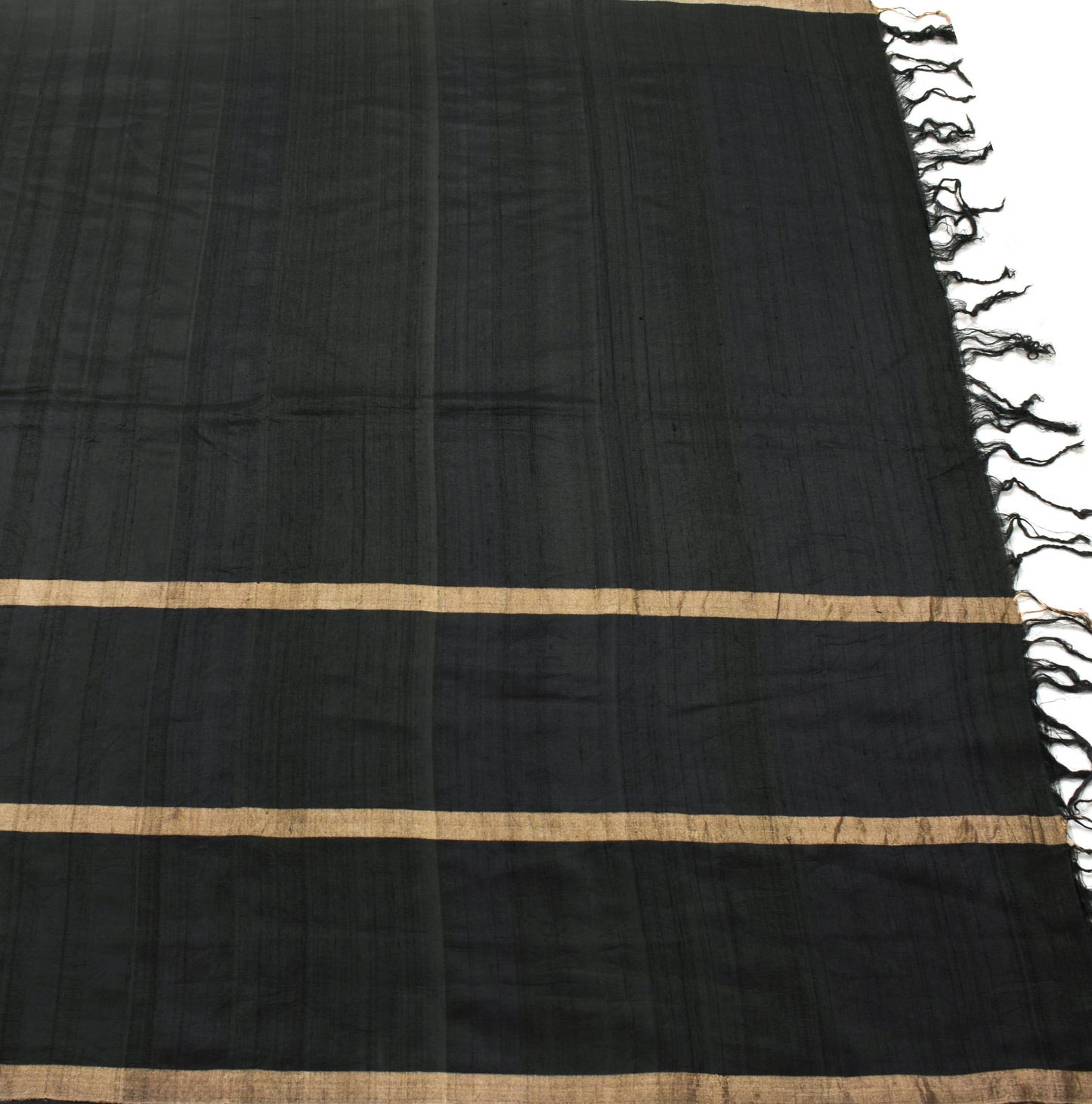 Sushila Vintage Black 100%Pure Khadi Silk Saree Golden Stripes Woven Sari Fabric