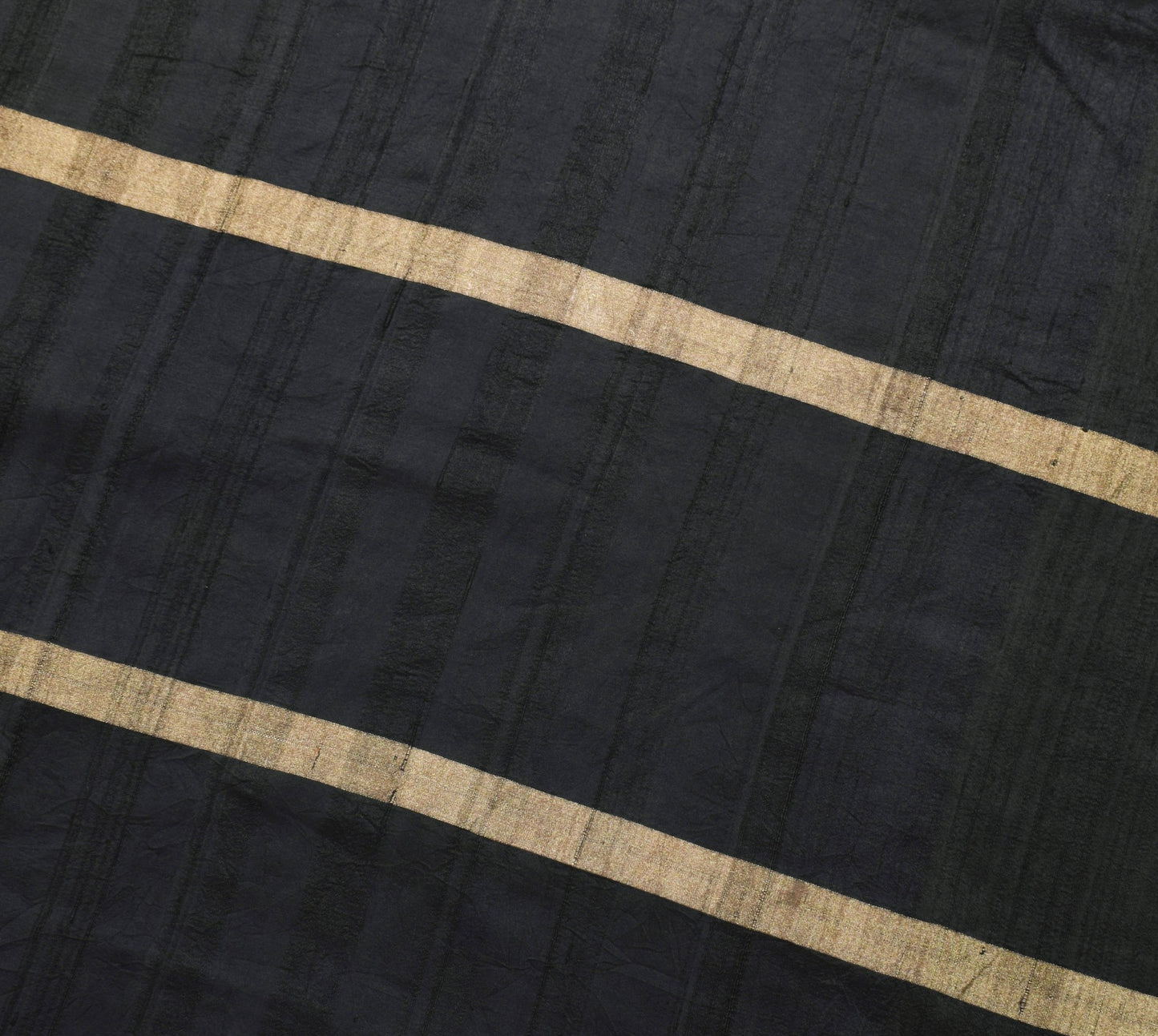 Sushila Vintage Black 100%Pure Khadi Silk Saree Golden Stripes Woven Sari Fabric