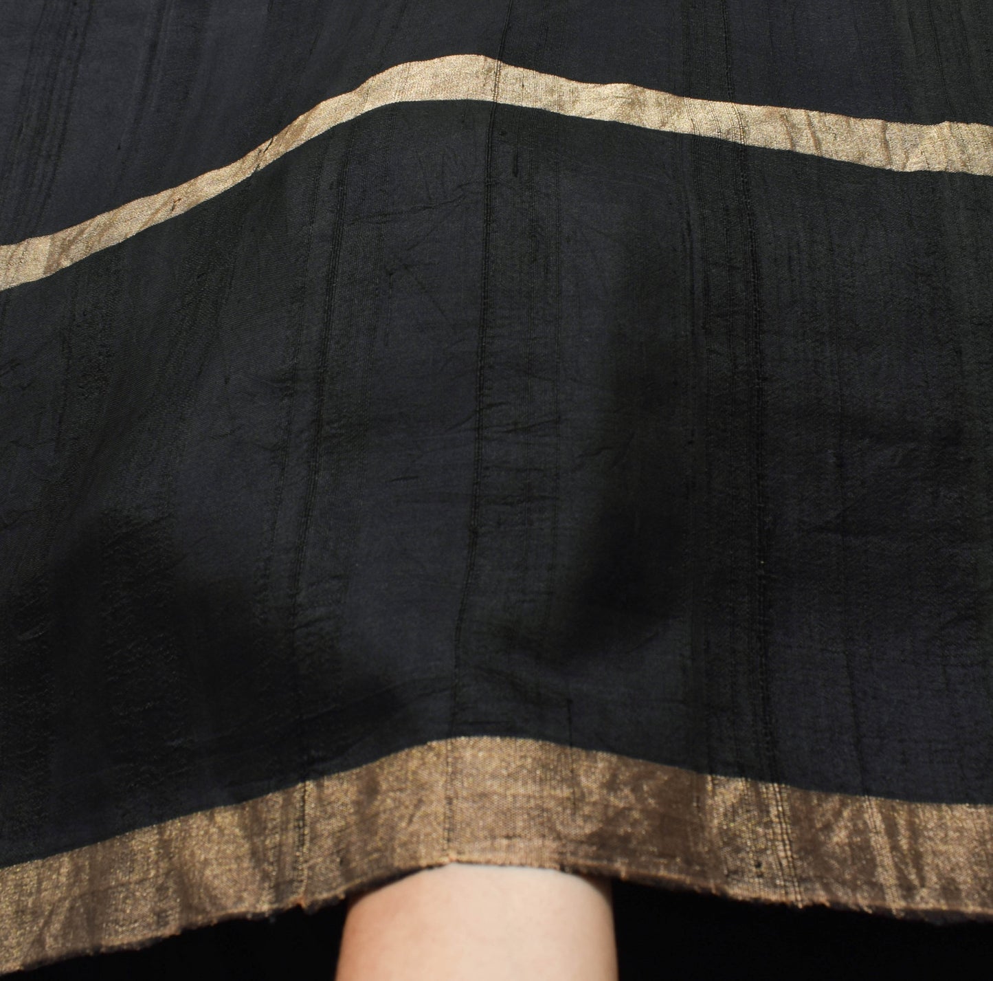 Sushila Vintage Black 100%Pure Khadi Silk Saree Golden Stripes Woven Sari Fabric