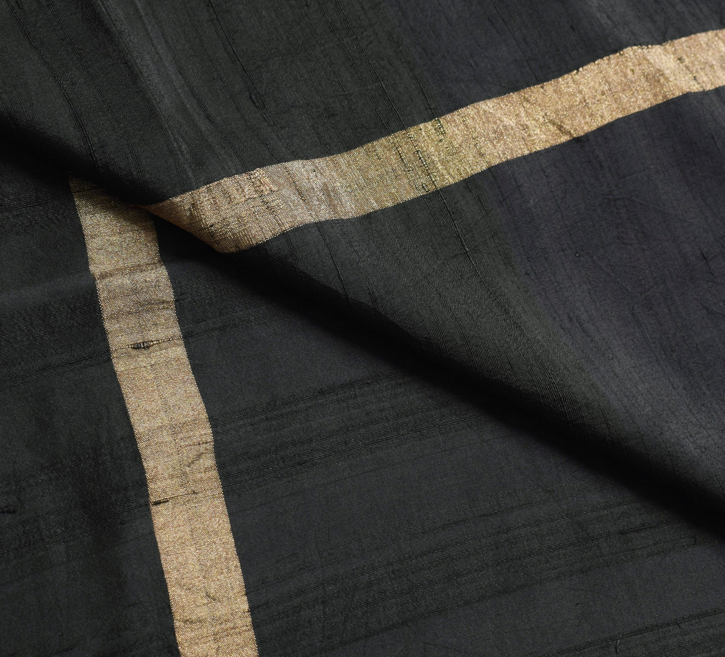 Sushila Vintage Black 100%Pure Khadi Silk Saree Golden Stripes Woven Sari Fabric