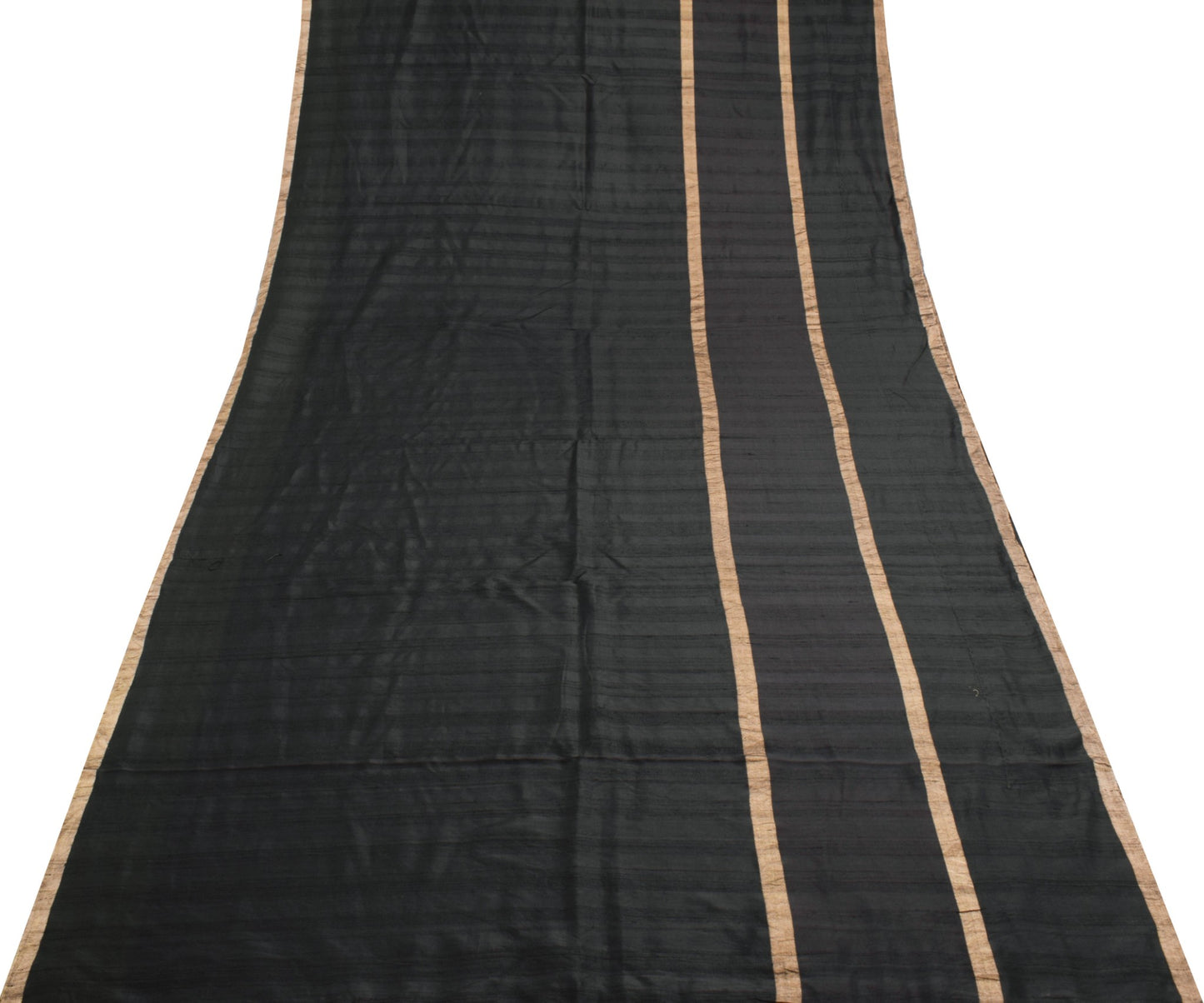 Sushila Vintage Black 100%Pure Khadi Silk Saree Golden Stripes Woven Sari Fabric