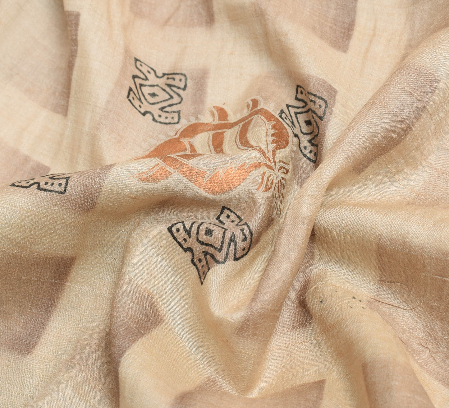 Sushila Vintage Cream Saree Hand Block Printed 100%Pure Khadi Tussar Sari Fabric