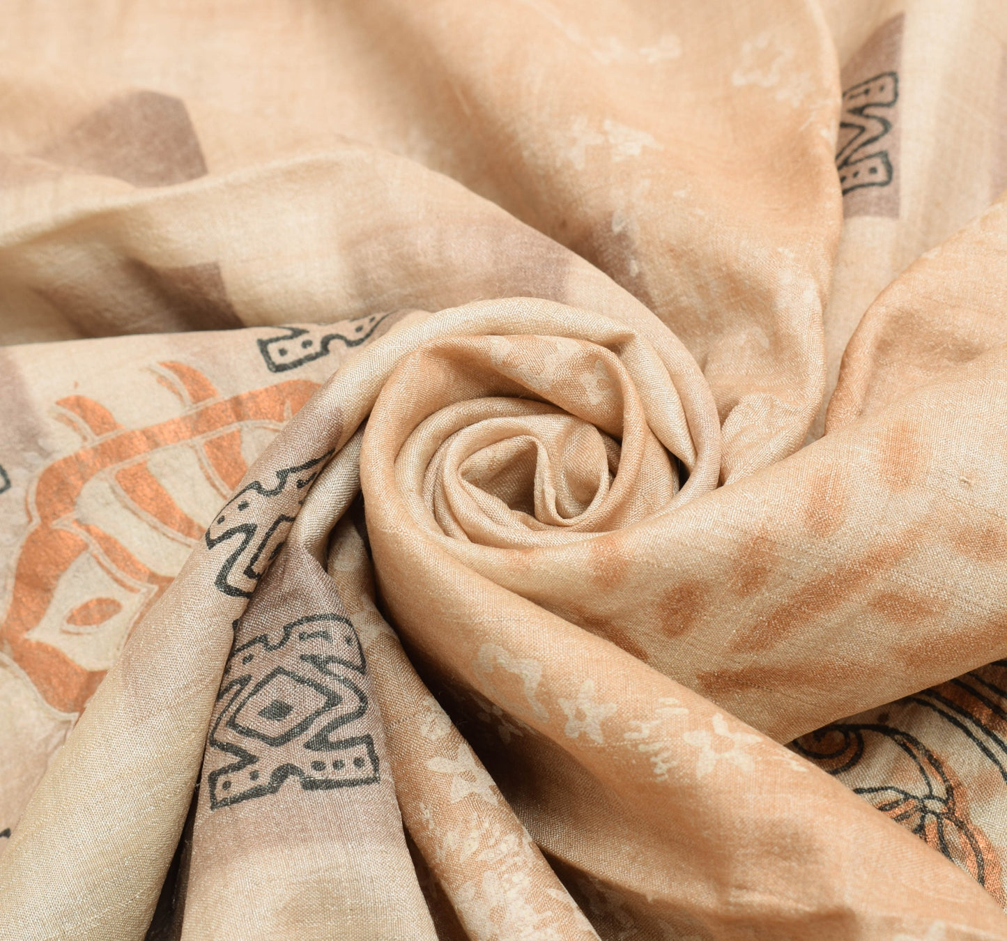 Sushila Vintage Cream Saree Hand Block Printed 100%Pure Khadi Tussar Sari Fabric