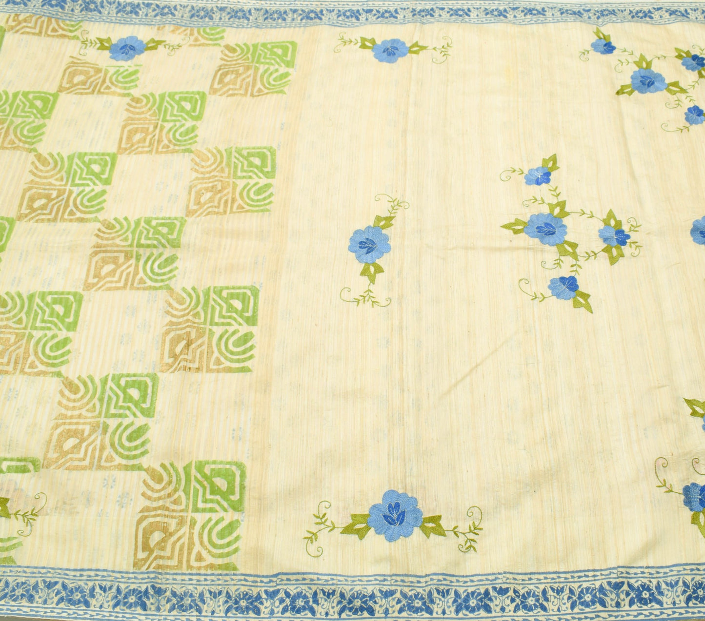 Sushila Vintage Tussar Ghicha Silk Saree Hand Block Printed Cream Sari Fabric