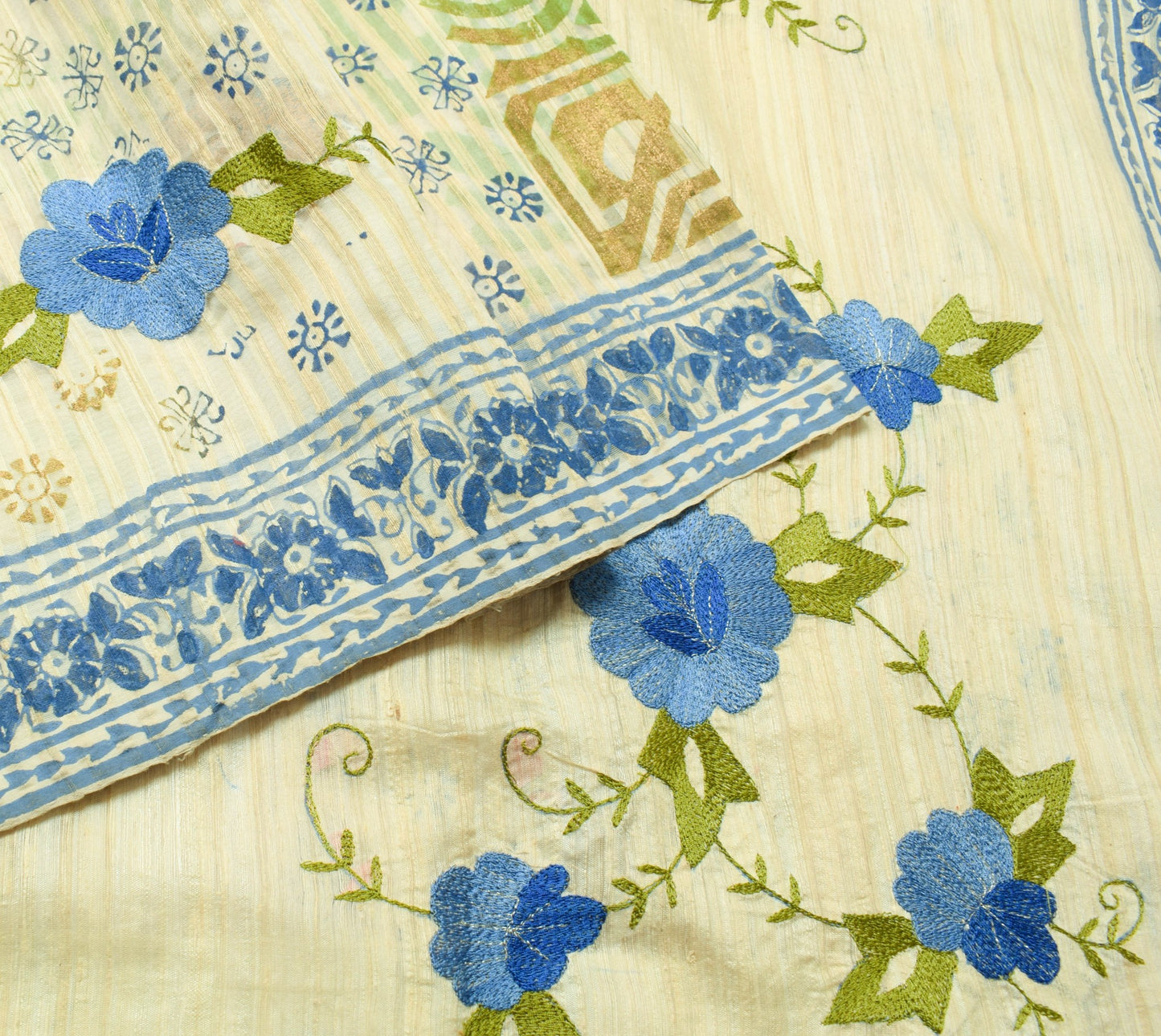 Sushila Vintage Tussar Ghicha Silk Saree Hand Block Printed Cream Sari Fabric