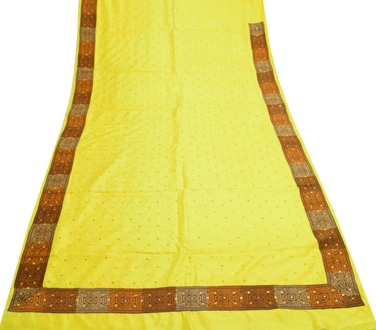 Sushila Vintage Yellow Saree Pure Silk Patch With Mirror Work Soft Sari Fabric