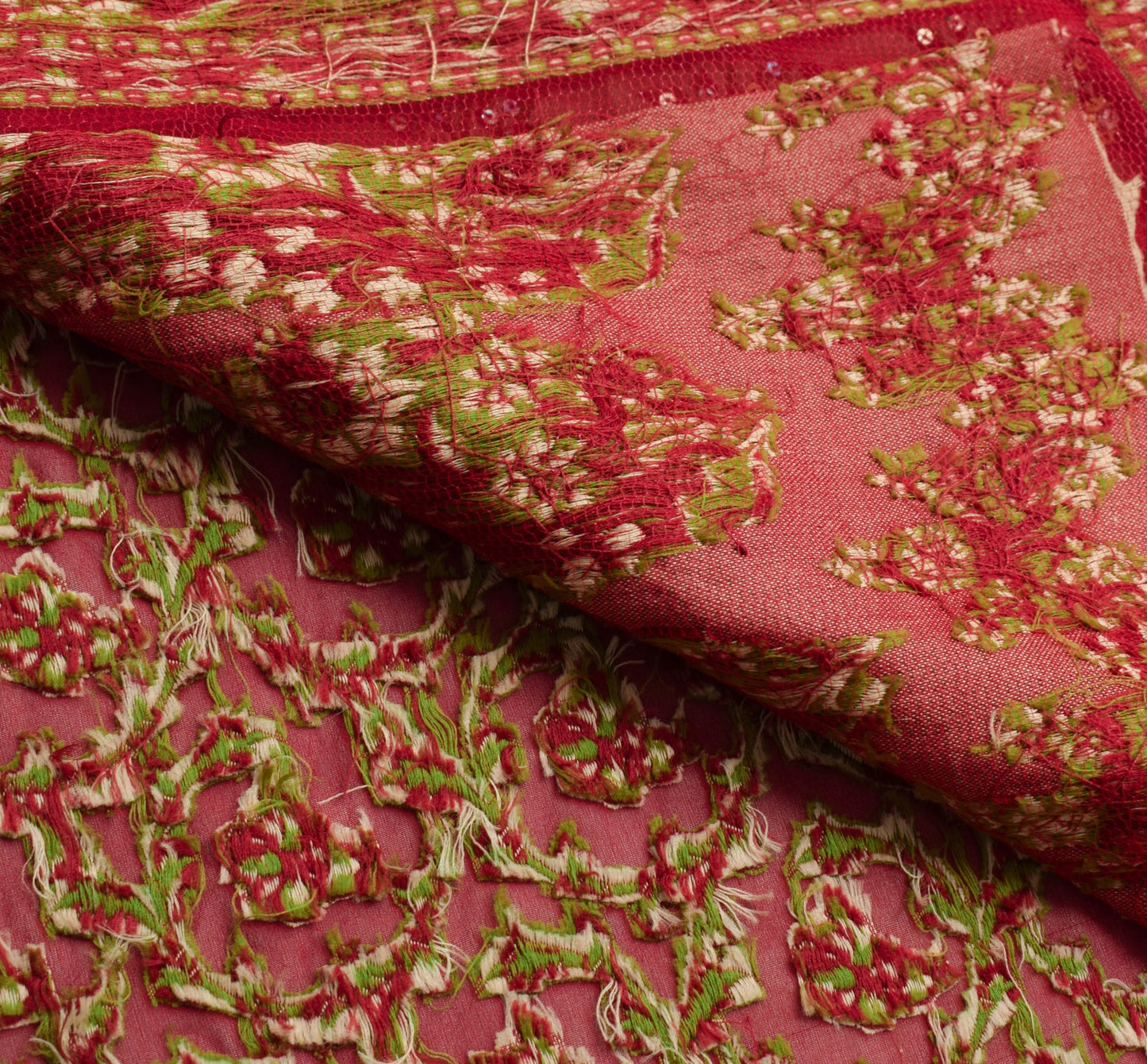 Sushila Vintage Red Heavy Saree 100% Pure Georgette Silk Sequins Sari Fabric