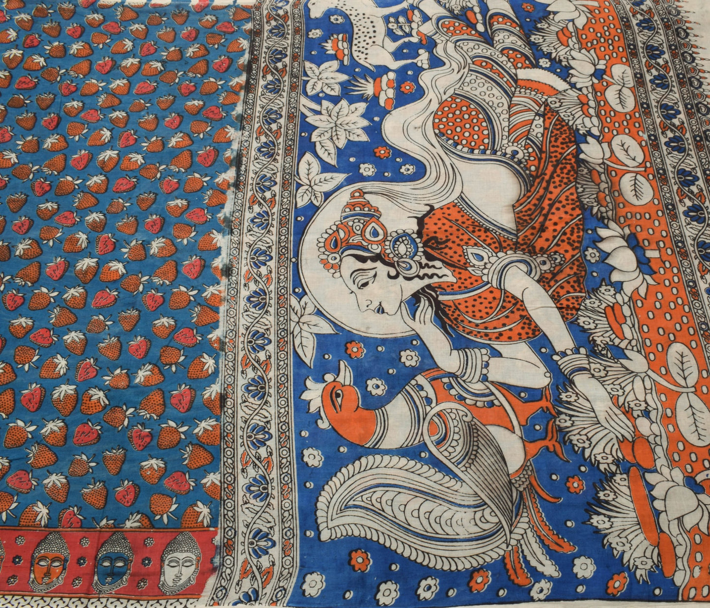 Sushila Vintage Teal Blue Saree 100% Pure Cotton Kalamkari Printed Sari Fabric