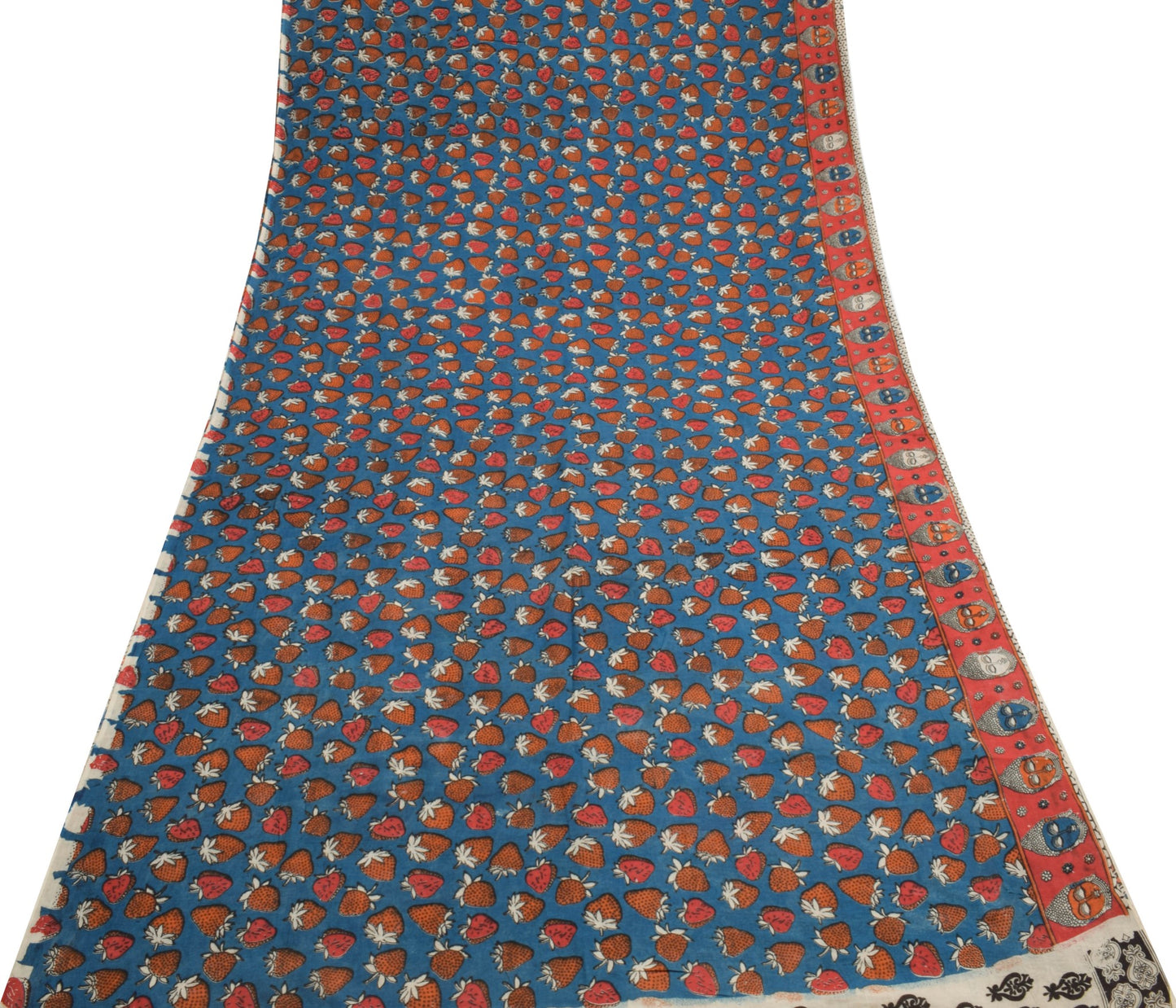 Sushila Vintage Teal Blue Saree 100% Pure Cotton Kalamkari Printed Sari Fabric