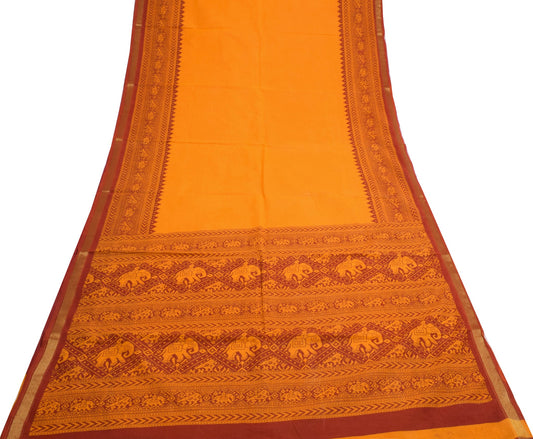 Sushila Vintage Bright Orange Saree 100% Pure Cotton Patola Print Sari Fabric