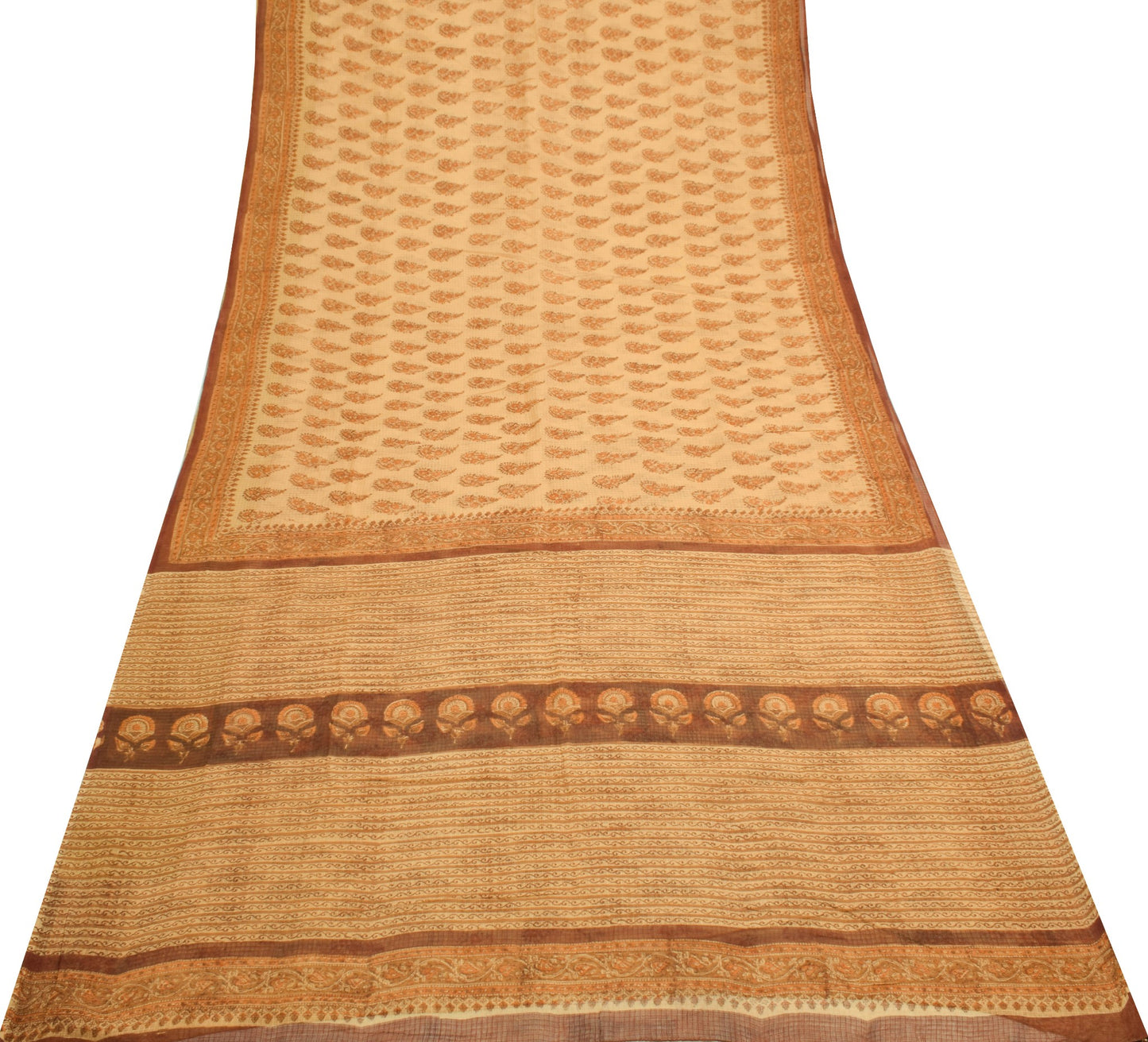 Sushila Vintage Brown Maheshwari Saree Pure Cotton Hand Block Branded Sari